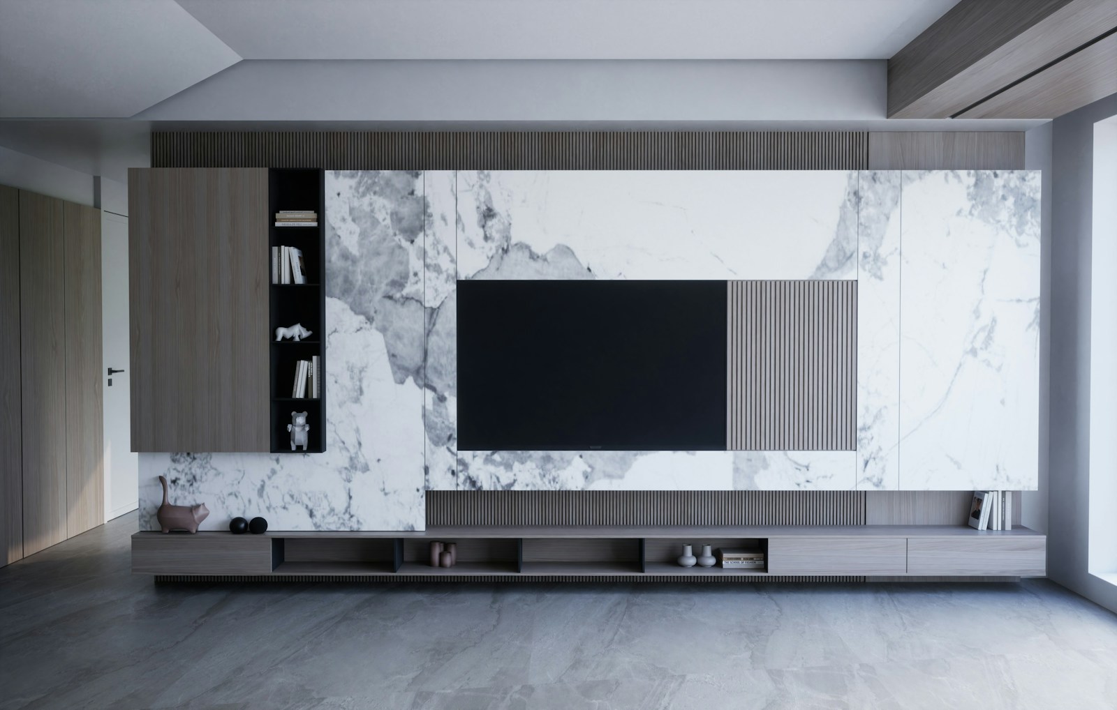 a living room with a large tv on the wall